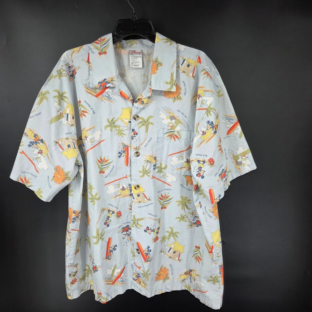 Disney Shopping Mens XL Hawaiian Shirt Mickey Minnie Donald Tropical Blue 57623